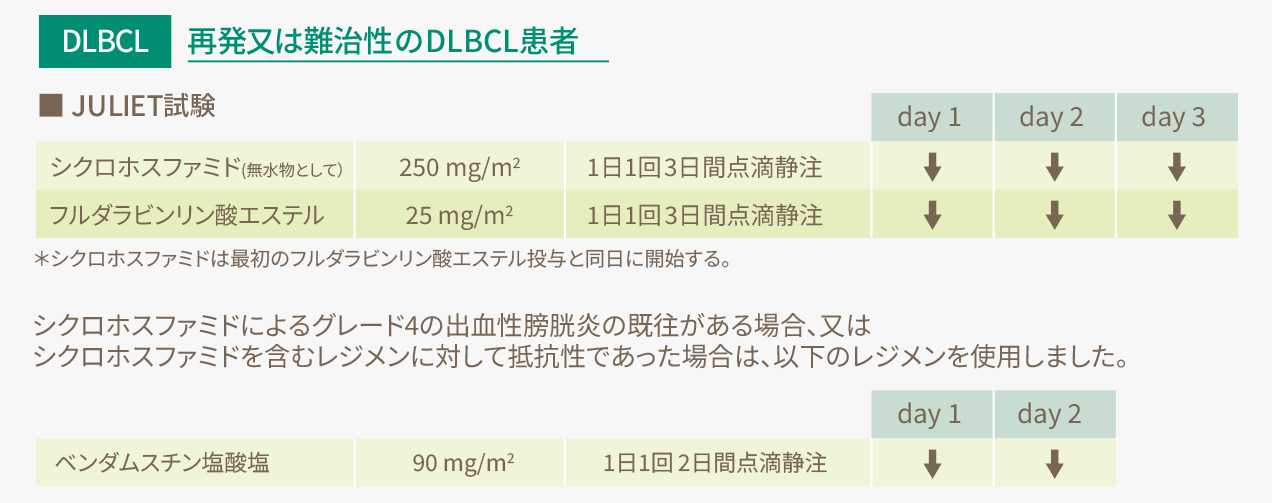 臨床試験においてリンパ球除去化学療法に用いられたレジメンの表（再発又は難治性のCD19陽性のDLBCL患者）